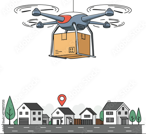 Drone flying over suburban neighborhood with cardboard box attached underneath