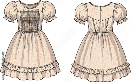 Vintage puff sleeve floral ruffle dress with shirred bodice, feminine cute cottagecore short dress fashion flat sketch illustration