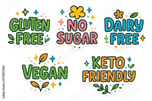 Food labels flat icons set. gluten free, no sugar, dairy free, vegan, keto friendly symbols