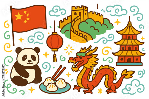 Chinese culture flat icon set. featuring flag, dragon, panda, lantern, great wall, dumplings, and pagoda symbols