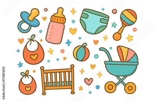 Baby essentials flat icon set. featuring pacifier, bottle, diaper, rattle, bib, ball, crib, and stroller symbols