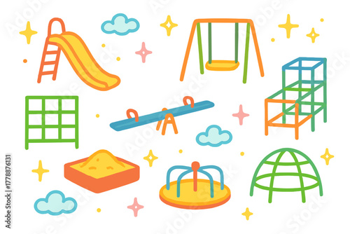 Playground equipment flat icons set. featuring slide, swing, climbing frame, seesaw, sandbox, merry-go-round