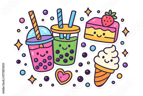 Cute kawaii flat icons set. featuring boba tea, cake, ice cream, bubbles, and stars