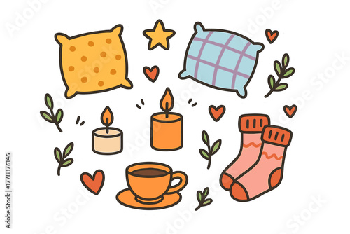 Cozy home flat icon set. featuring pillow, star, candle, socks, cup, leaves, and hearts.