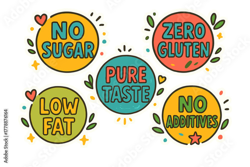 Healthy food linear icon set. featuring no sugar, zero gluten, pure taste, low fat, and no additives labels