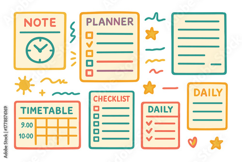 Organizational tools flat icon set. featuring note, planner, checklist, timetable, and daily log symbols