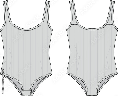 Front and back view of sleeveless women bodysuit, fashion flat sketch design, scoop neck fitted one piece garment illustration