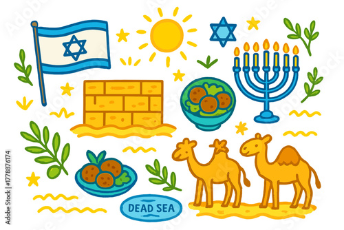 Israel culture flat icon set. featuring flag, western wall, sun, star of david, menorah, olives, camels, dead sea