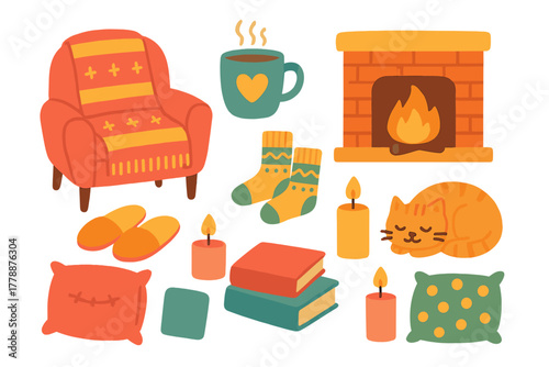 Cozy home flat icon set. featuring chair, mug, fireplace, socks, slippers, candles, cat, pillows, and books