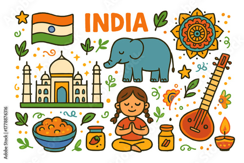India-themed flat icon set. featuring flag, taj mahal, elephant, mandala, yoga, sitar, and diwali symbols