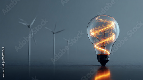 Light bulb with glowing filament and wind turbines representing green energy innovation