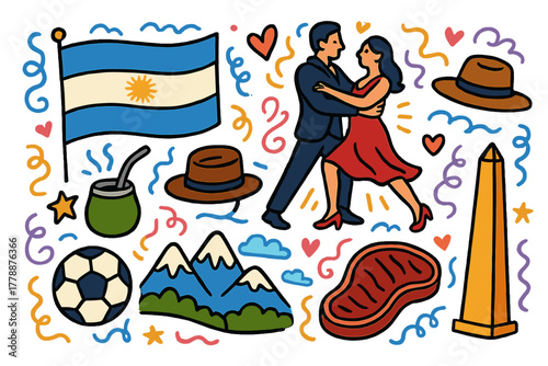 Argentina culture flat icon set. featuring tango, flag, mate, hat, soccer, mountains, steak, and obelisk symbols