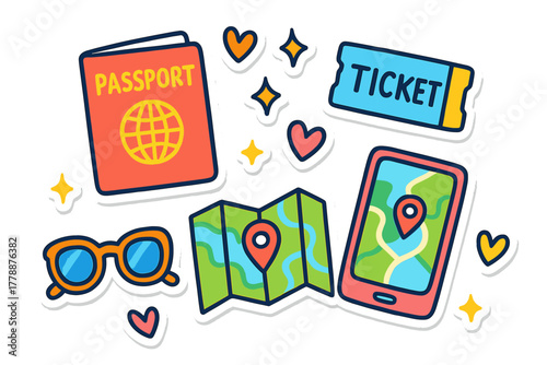 Travel essentials flat icon set. featuring passport, ticket, map, phone, sunglasses, and more