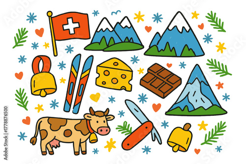 Switzerland themed flat icons set. featuring mountains, cheese, flag, swiss army knife, cow, chocolate, and ski symbols