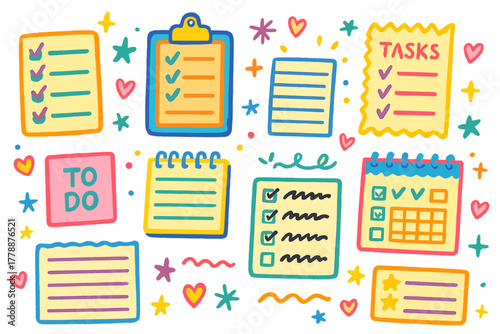 Task management flat icon set. featuring checklist, tasks, schedules, to-do list, and notes symbols