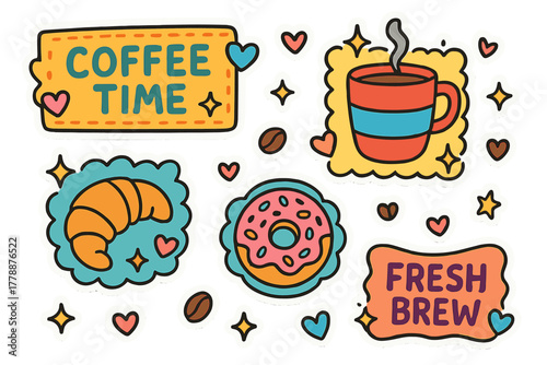 Coffee shop doodles flat icon set. featuring coffee, mug, croissant, donut, beans, fresh brew symbols