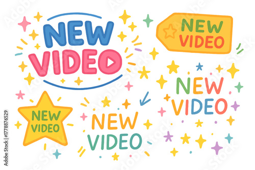 New video flat icon set. featuring tags, stars, play button, sparkles, and arrows symbols