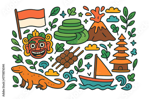 Indonesian culture flat icon set. featuring flag, barong, volcano, rice terraces, satay, temple, komodo, boat