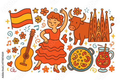 Spanish culture flat icon set. featuring flamenco, guitar, bull, paella, sangria, flag, and sagrada familia symbols