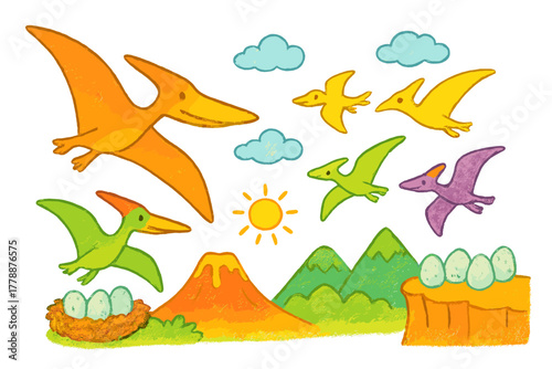 Dinosaur landscape silhouette icon set. featuring t-rex, volcano, eggs, pterodactyl, clouds, sun, mountains