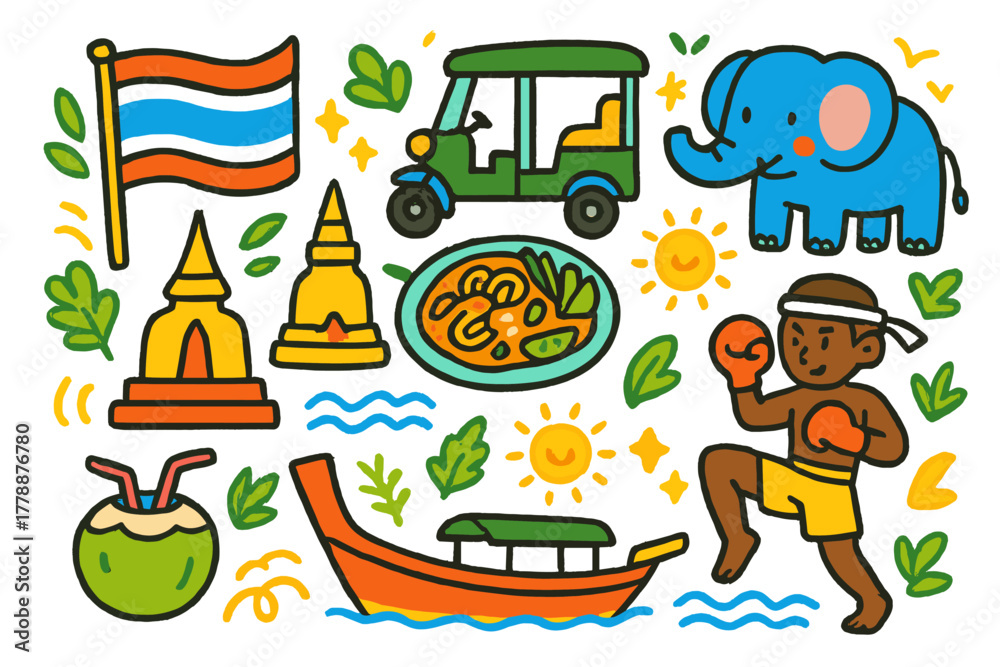 Fototapeta premium Thailand culture flat icons set. featuring flag, tuk tuk, elephant, temple, curry, muay thai, boat, coconut
