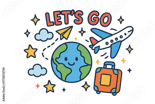 Travel adventure flat icon set. featuring airplane, globe, luggage, paper plane, clouds, and star symbols