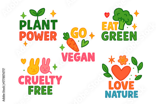 Vegan lifestyle flat icon set. featuring plant power, go vegan, cruelty free, eat green, love nature