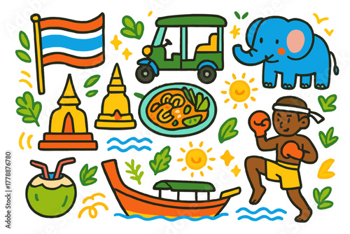 Thailand culture flat icons set. featuring flag, tuk tuk, elephant, temple, curry, muay thai, boat, coconut