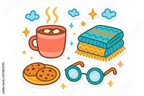 Leisure and comfort flat icon set. featuring coffee, blanket, cookies, glasses, and clouds