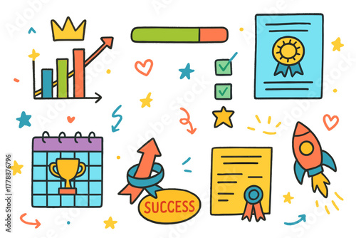 Achievement flat icon set. includes success, trophy, award, goal, certificate, progress, and rocket symbols