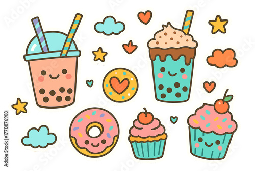 Dessert and drink flat icon set. featuring boba tea, donut, cupcake, and sweet treats symbols