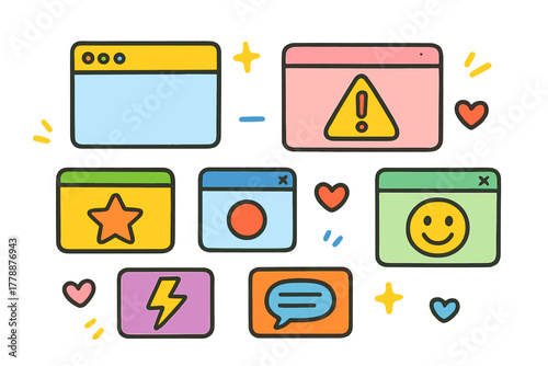 Web interface flat icon set. featuring alert, favorite, record, emoji, chat, lightning, love symbols