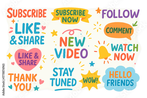 Social media engagement flat icon set. featuring subscribe, like, share, comment, follow, watch, and thank you symbols