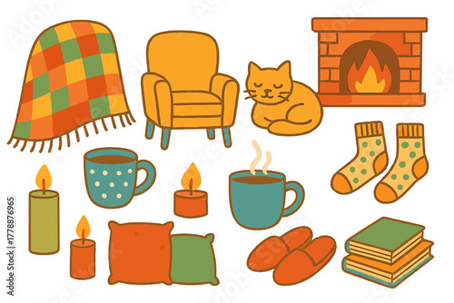 Cozy home flat icons set. featuring blanket, armchair, cat, fireplace, candles, socks, slippers, mugs, pillows, books.