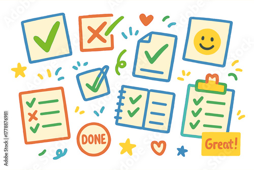 Productivity and task management flat icons set. featuring checklist, notepad, checkmark, task, and paper symbols