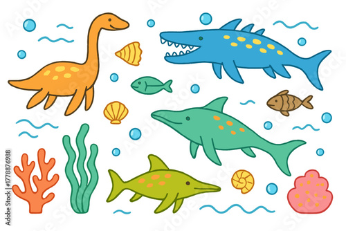 Marine life silhouette icon set. featuring ichthyosaurus, plesiosaurus, mosasaurus, fish, shells, coral, and seaweed.