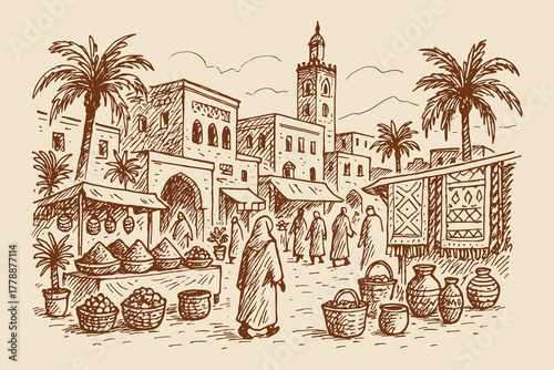 Arabian market with minaret, hand-drawn sketch vector illustration