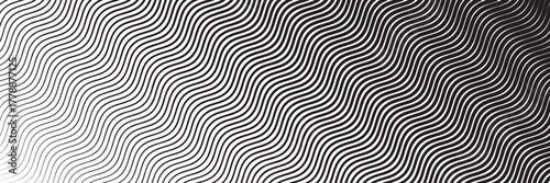 Dynamic monochrome wavy lines gradient background. Vector Op Art abstract pattern with density transition and flow motion effect, perfect for modern banner, liquid, or sound wave design.