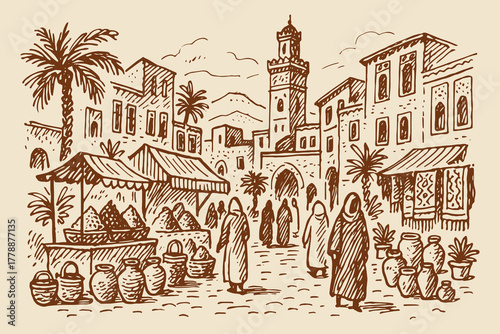 Arabian market with minaret, hand-drawn sketch vector illustration