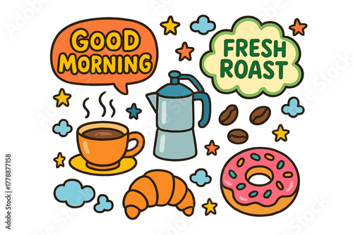 Coffee and breakfast flat icon set. featuring cup, pot, donut, croissant, beans, speech bubbles