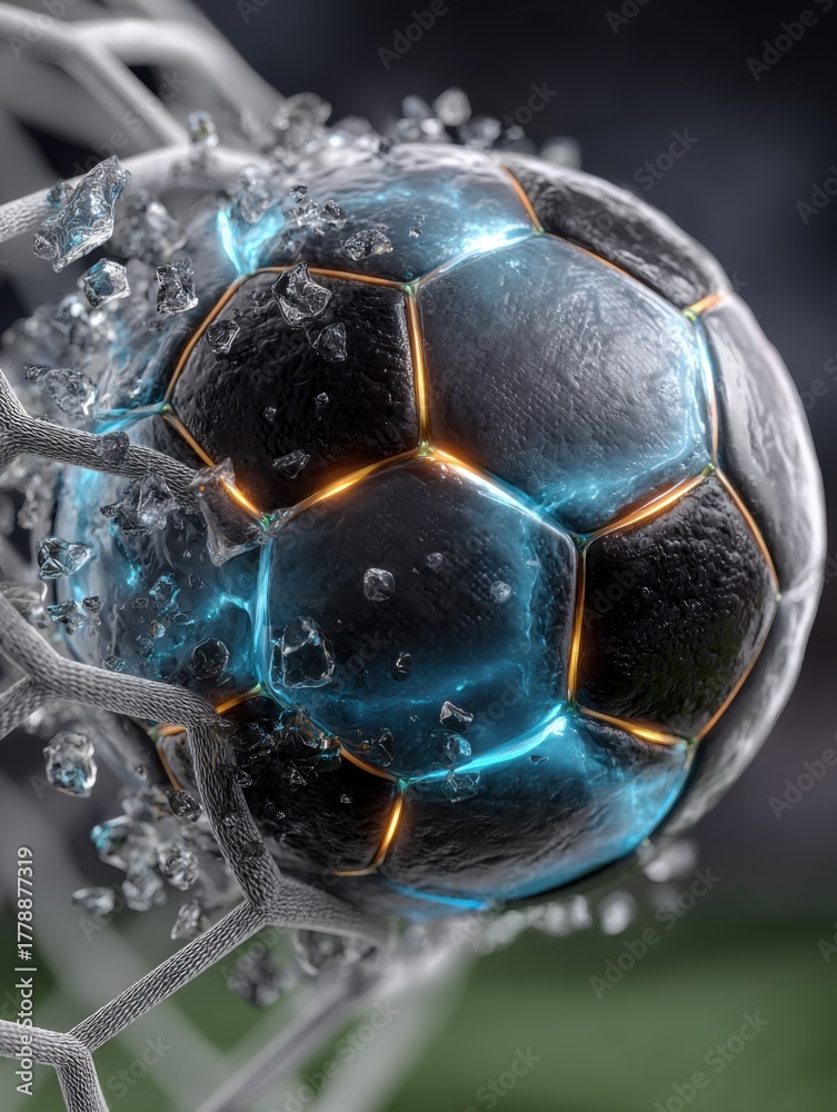 Naklejka premium Stunning Futuristic Soccer Ball Breaking Through Goal Netting