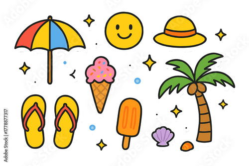 Summer flat icon set. featuring sun, umbrella, hat, ice cream, popsicle, palm tree, flip flops, and shell symbols
