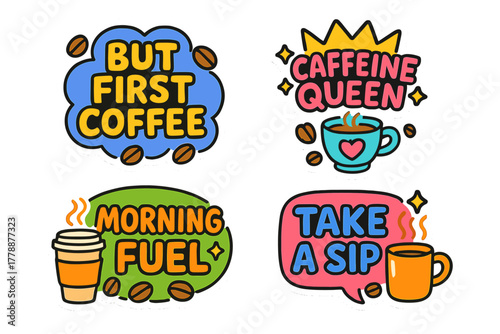 Coffee quotes flat icon set. featuring but first coffee, caffeine queen, morning fuel, and take a sip designs