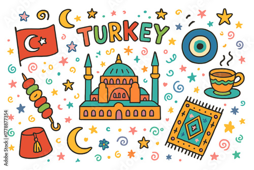 Turkey linear icon set. featuring mosque, tea, carpet, kebab, fez, crescent moon, evil eye, stars, and flag symbols