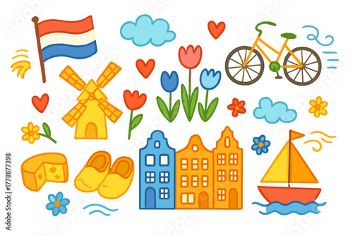 Netherlands flat icon set. featuring flag, windmill, tulip, bicycle, and cheese symbols