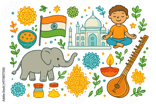 Indian culture flat icon set. featuring yoga, taj mahal, elephant, sitar, indian flag, mandala, lamp, and spices