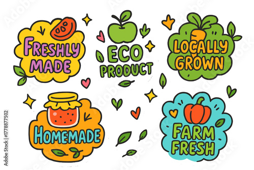 Organic food flat icon set. featuring freshly made, eco product, locally grown, homemade, farm fresh