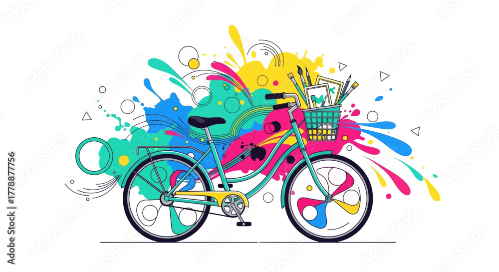 Fototapeta premium Whimsical journey on two wheels, a creative escape bursting with vibrant colors and artistic