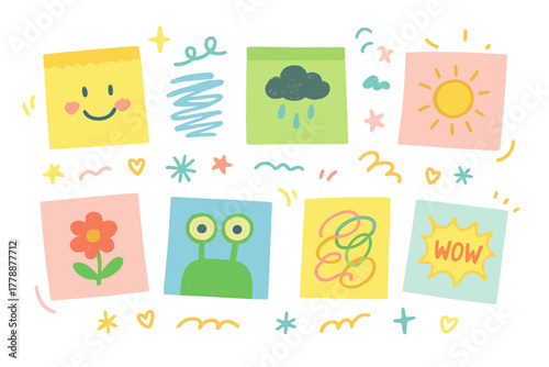 Sticky notes flat icon set. featuring happy face, cloud, sun, flower, snail, scribbles, wow symbols