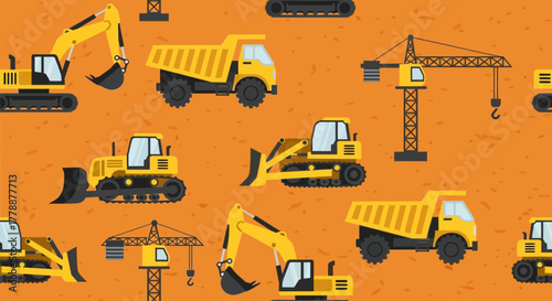 A robust flat design seamless pattern featuring heavy-duty construction transportation icons, perfect for building industry presentations or engineering visuals. It signifies strength and industrial 